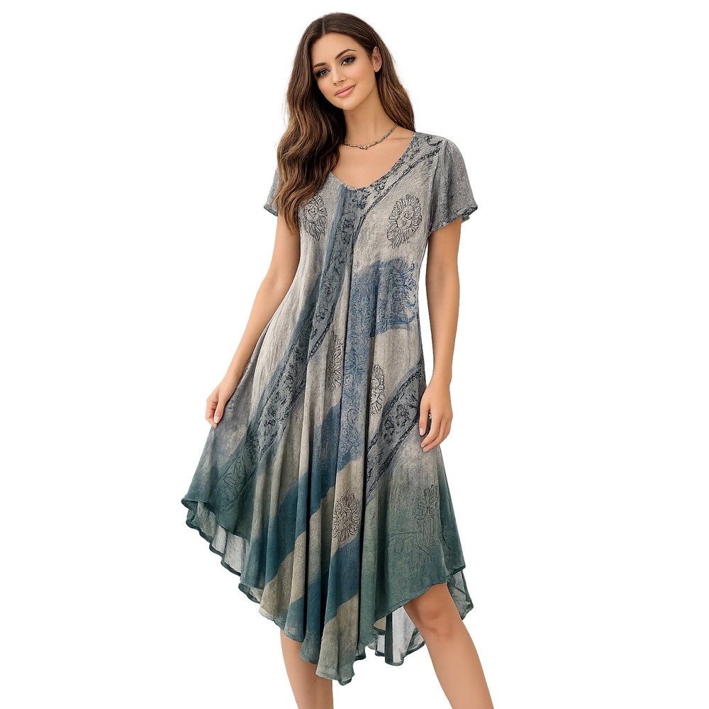 Boho Festival Women Grey Blue Mandala India Handkerchief Hem Rayon Dress OS